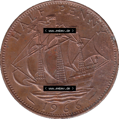 Alte Münze Großbritannien Umlaufmünze Half Penny, 1/2 Pence 1954-1970, Half Penny, Halber Pence 1966-01, Elisabeth II. - Schriftzug ELIZABETH II DEI GRATIA... Sammlung
