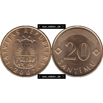 Alte Münze Lettland Umlaufmünze 1992-2009, 20 Santimu 2007-01, VS.: Staatswappen von Latvijas Republika, RS.: Wert-Zahl. Vorderseite und Rückseite... Sammlung