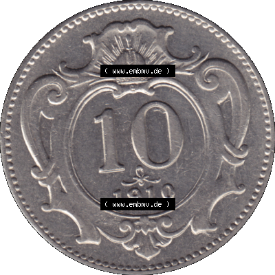 Alte Münze aus Kaiserreich Österreich als PNG-Grafik 1892-1911, 10 Heller 1910-01. Rückseite der alten 10 Heller Umlaufmünze aus Österreichischen Kaiserreich,... Sammlung