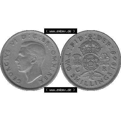 Alte Münze Großbritannien, Bild in s/w bzw. Graustufen PNG-Grafik, Umlaufmünze aus dem Zeitraum 1949-1951, 2 Schilling-Florin, Two Shillings, 1949-01,... Sammlung