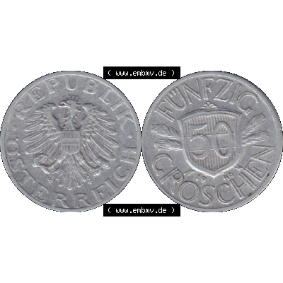 Alte Münze aus Österreich als PNG-Grafik 1946-1955, 50 Groschen 1946-01. Vorderseite und Rückseite der 50 Groschen Münze horizontal auf einen digitalen Bild der alten österreichischen... Sammlung