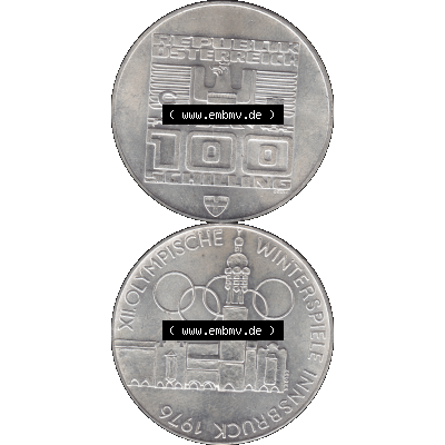 Alte Münze 100 / Einhundert Schilling Österreich auf original farbigen transparenten PNG-Bild 1976-1976, 100 Hundert Schilling, Altes Rathaus und Stadtturm in Innsbruck 1976-01,... Sammlung