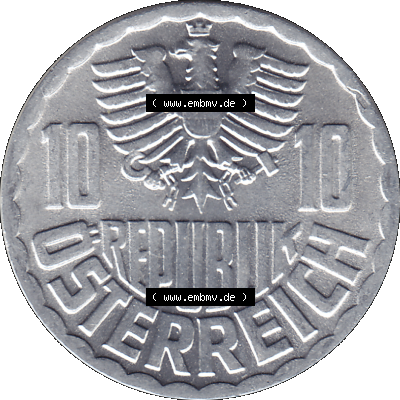 Alte Münze 10 / Zehn Groschen Österreich in original Farbgebung von Scanner transparenten PNG 1951-2001, 10 Groschen 1972-01. Vorderseite der alten österreichischen 10 /... Sammlung