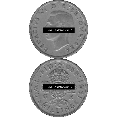 Alte Münze Großbritannien, Bild in s/w bzw. Graustufen PNG-Grafik, Umlaufmünze aus dem Zeitraum 1949-1951, 2 Schilling-Florin, Two Shillings, 1951-01,... Sammlung