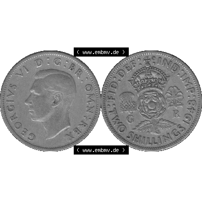 Alte Münze Großbritannien, Bild in s/w bzw. Graustufen PNG-Grafik, Umlaufmünze aus dem Zeitraum 1947-1948, 2 Schilling-Florin, Two Shillings, 1948-01,... Sammlung