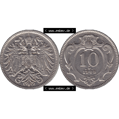 Alte Münze aus Kaiserreich Österreich als PNG-Grafik 1892-1911, 10 Heller 1908-01. Vorderseite und Rückseite der 10 Heller Münze aus dem Kaiserreich horizontal auf einen... Sammlung