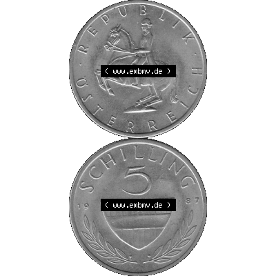 Alte Münze 5 / Fünf Schilling Österreich in s/w Schwarzweiß bzw. Graustufen Farbgebung von Scanner transparenten PNG 1968-2001, 5 Schilling 1987-02, Reiter... Sammlung