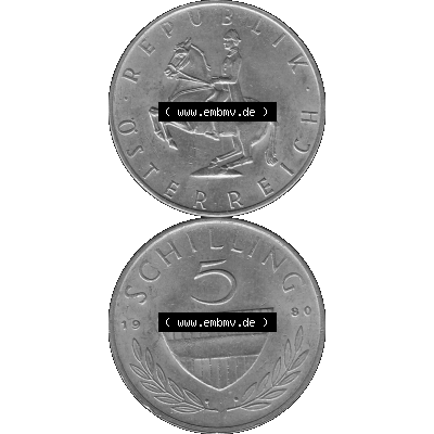 Alte Münze 5 / Fünf Schilling Österreich in s/w Schwarzweiß bzw. Graustufen Farbgebung von Scanner transparenten PNG 1968-2001, 5 Schilling 1980-02, Reiter... Sammlung