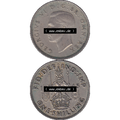 Alte Münze Großbritannien, Bild in Farbe bzw. Color PNG-Grafik 1947-1948, 1 One Schilling - One Shilling, 1948-03 Sitzender gekrönter Löwe auf Krone.... Sammlung