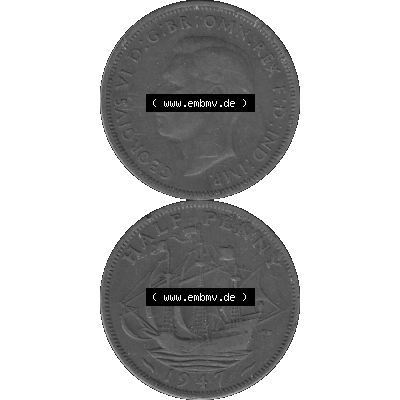 Alte Münze Großbritannien Umlaufmünze Half Penny 1937-1948, Half Penny 1947-01, George VI. GEORGIVS VI D-G-BR-OMN-REX F-D-IND-IMP.HP Graustufen. Vorderseite... Sammlung