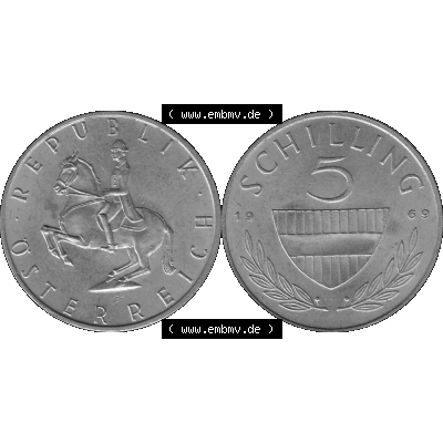 Alte Münze 5 / Fünf Schilling Österreich in s/w Schwarzweiß bzw. Graustufen Farbgebung von Scanner transparenten PNG 1968-2001, 5 Schilling 1969-01, Reiter... Sammlung