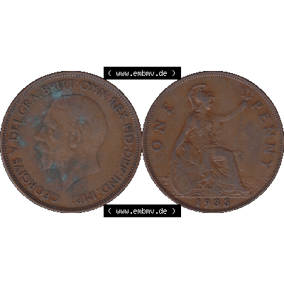 Alte Münze Großbritannien Umlaufmünze One Penny, 1 Pence 1928-1936, 1 One Penny, 1935-01, George V. BM GEORGIVS V DEI GRABRITTOMNREX FIDDEFINDIMP.... Sammlung