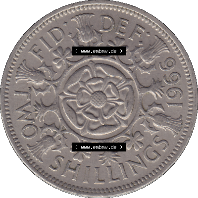 Alte Münze Großbritannien, Bild in Farbe bzw. Color PNG-Grafik, Umlaufmünze aus dem Zeitraum 1954-1970, 2 Schilling-Florin, Two Shillings, 1966-07 ELIZABETH... Sammlung