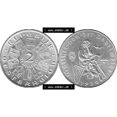Alte Münze Österreich 1930-1930, 2 Schilling 1930-01, Silbermünze Walter von der Vogelweide 1170-1230, Minnesänger Graustufen. Vorderseite und Rückseite... Sammlung