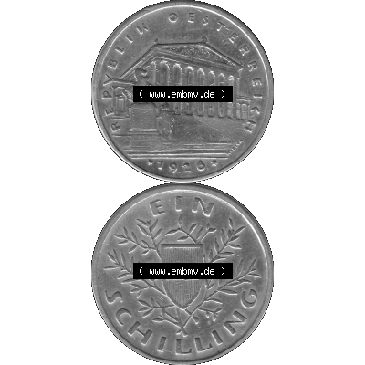 Alte Münzen Österreich Ein - 1 Schilling 1925-1932, 1 Schilling 1926-01 Silbermünze Parlamentsgebäude in Wien, Bindenschild 6 Gramm 640er Silber Graustufen. Vorderseite... Sammlung