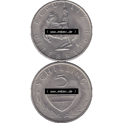 Alte Münze 5 / Fünf Schilling Österreich in original Farbgebung von Scanner transparenten PNG 1968-2001, 5 Schilling 1987-02, Reiter in der Levade. Vorderseite und... Sammlung