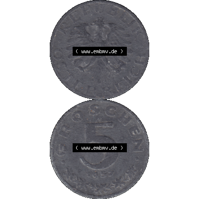 Alte Münzen Österreich 5 / Fünf Groschen in Farbe/Color 1948-1994, 5 Groschen 1957-01. Vorderseite und Rückseite der 5 / Fünf Groschen Münze vertikal... Sammlung
