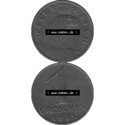 Alte Münze 1 / Ein Groschen Österreich in s/w Schwarzweiß bzw. Graustufen Farbgebung von Scanner transparenten PNG 1925-1938, 1-Ein Groschen, Adlerkopf mit Mauerkrone... Sammlung