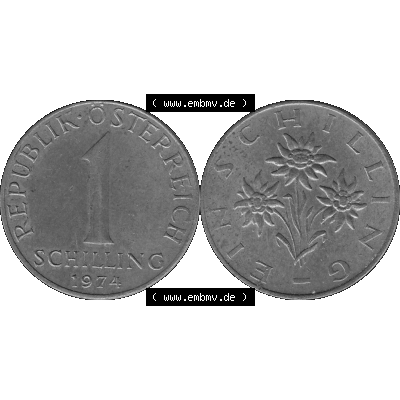 Alte Münzen Österreich 1 / Ein Schilling in Graustufen 1959-2001, 1 Schilling 1974-01, Ein Shilling Edelweiß Graustufen. Vorderseite und Rückseite der Österreich... Sammlung