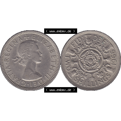 Alte Münze Großbritannien, Bild in Farbe bzw. Color PNG-Grafik, Umlaufmünze aus dem Zeitraum 1954-1970, 2 Schilling-Florin, Two Shillings, 1966-01 ELIZABETH... Sammlung