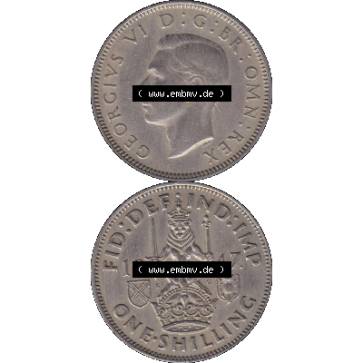 Alte Münze Großbritannien, Bild in Farbe bzw. Color PNG-Grafik 1947-1948, 1 One Schilling - One Shilling, 1947-01 Sitzender gekrönter Löwe auf Krone.... Sammlung