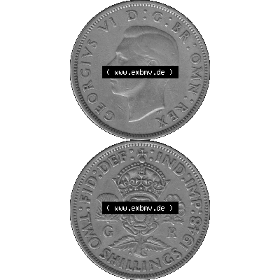 Alte Münze Großbritannien, Bild in s/w bzw. Graustufen PNG-Grafik, Umlaufmünze aus dem Zeitraum 1947-1948, 2 Schilling-Florin, Two Shillings, 1948-02,... Sammlung
