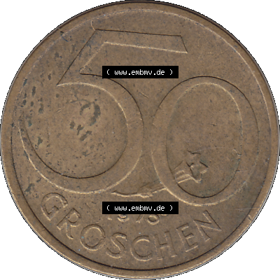Alte Münze 50 / Fünfzig Groschen Österreich in original Farbgebung von Scanner transparenten PNG 1959-2001, 50 Groschen 1975-01, Bindenschild. Rückseite der alten... Sammlung