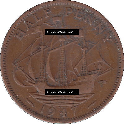 Alte Münze Großbritannien Umlaufmünze Half Penny, 1/2 Pence 1937-1948, Half Penny 1947-01, George VI. GEORGIVS VI D-G-BR-OMN-REX F-D-IND-IMP.HP.... Sammlung