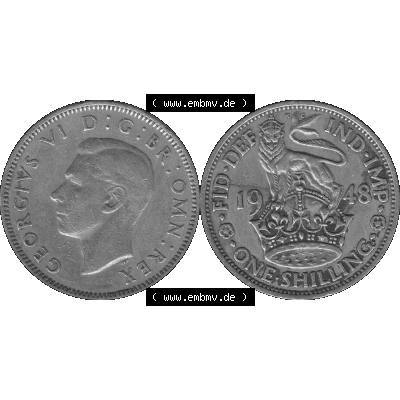 Alte Münze Großbritannien, Bild in s/w bzw. Graustufen PNG-Grafik 1947-1948, 1 One Schilling - One Shilling, 1948-04 Stehender gekrönter Löwe auf Krone... Sammlung