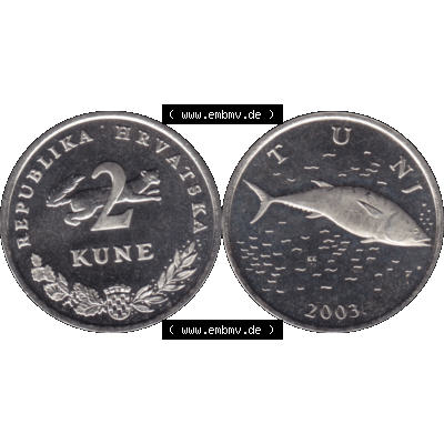 Alte Münze Kroatien Umlaufmünze 1993-2021, 2 Kune 2003-01. Vorderseite und Rückseite der Münze aus Kroatien dem Zeitraum 1993-2022, horizontal auf einen digitalen... Sammlung