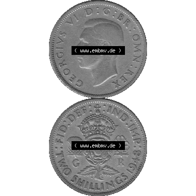 Alte Münze Großbritannien, Bild in s/w bzw. Graustufen PNG-Grafik, Umlaufmünze aus dem Zeitraum 1947-1948, 2 Schilling-Florin, Two Shillings, 1948-03,... Sammlung