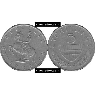 Alte Münze 5 / Fünf Schilling Österreich in s/w Schwarzweiß bzw. Graustufen Farbgebung von Scanner transparenten PNG 1968-2001, 5 Schilling 1969-02, Reiter... Sammlung