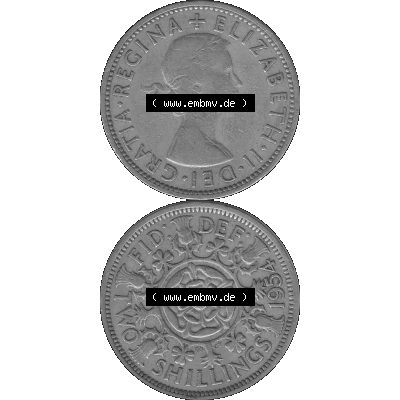 Alte Münze Großbritannien, Bild in s/w bzw. Graustufen PNG-Grafik, Umlaufmünze aus dem Zeitraum 1954-1970, 2 Schilling-Florin, Two Shillings, 1954-01... Sammlung