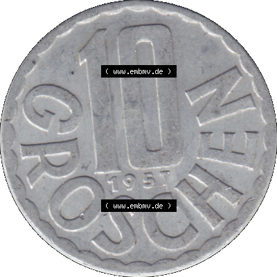Alte Münze 10 / Zehn Groschen Österreich in original Farbgebung von Scanner transparenten PNG 1951-2001, 10 Groschen 1957-01. Rückseite der alten 10 / Zehn Groschen... Sammlung