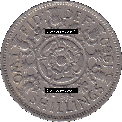 Alte Münze Großbritannien, Bild in Farbe bzw. Color PNG-Grafik, Umlaufmünze aus dem Zeitraum 1954-1970, 2 Schilling-Florin, Two Shillings, 1960-01 ELIZABETH... Sammlung