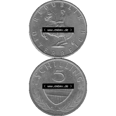 Alte Münze 5 / Fünf Schilling Österreich in s/w Schwarzweiß bzw. Graustufen Farbgebung von Scanner transparenten PNG 1968-2001, 5 Schilling 1987-01, Reiter... Sammlung