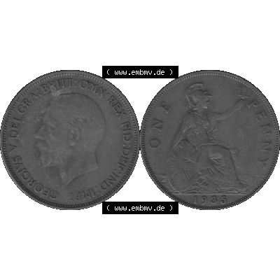 Alte Münze Großbritannien Umlaufmünze One Penny, 1 Pence 1928-1936, 1 One Penny, 1935-01, George V. BM GEORGIVS V DEI GRABRITTOMNREX FIDDEFINDIMP Graustufen.... Sammlung