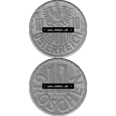 Alte Münze 10 / Zehn Groschen Österreich in s/w Schwarzweiß bzw. Graustufen Farbgebung von Scanner transparenten PNG 1951-2001, 10 Groschen 1959-01 Graustufen.... Sammlung