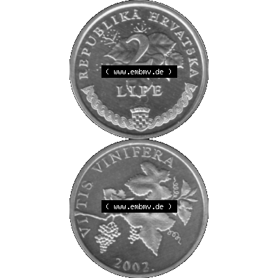 Alte Münze Kroatien Umlaufmünze 1993-2021, 2 Lipe 2002-01 Graustufen Graustufen. Vorderseite und Rückseite in Graustufen der kroatischen vor-Euro-Münze, vertikal... Sammlung