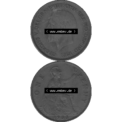 Alte Münze Großbritannien Umlaufmünze One Penny, 1 Pence 1928-1936, 1 One Penny, 1935-01, George V. BM GEORGIVS V DEI GRABRITTOMNREX FIDDEFINDIMP Graustufen.... Sammlung