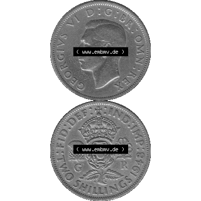 Alte Münze Großbritannien, Bild in s/w bzw. Graustufen PNG-Grafik, Umlaufmünze aus dem Zeitraum 1947-1948, 2 Schilling-Florin, Two Shillings, 1948-05,... Sammlung