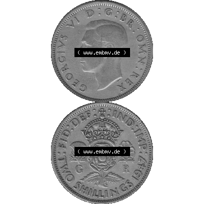 Alte Münze Großbritannien, Bild in s/w bzw. Graustufen PNG-Grafik, Umlaufmünze aus dem Zeitraum 1947-1948, 2 Schilling-Florin, Two Shillings, 1947-02,... Sammlung