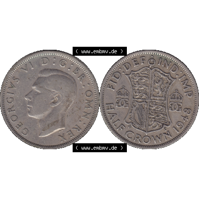 Alte Münze Großbritannien, Bild in Farbe bzw. Color PNG-Grafik 1947-1948, Halbe - 1/2 Krone, Half Crown 1948-01, George VI, FID DEF IND IMP HALF CROWN.... Sammlung