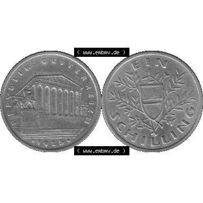 Alte Münzen Österreich Ein - 1 Schilling 1925-1932, 1 Schilling 1925-01 Silbermünze Parlamentsgebäude in Wien, Bindenschild 6 Gramm 640er Silber Graustufen. Vorderseite... Sammlung