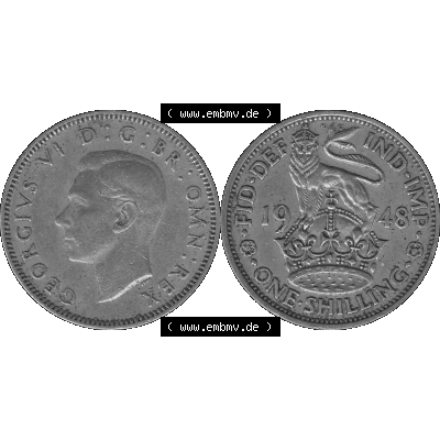 Alte Münze Großbritannien, Bild in s/w bzw. Graustufen PNG-Grafik 1947-1948, 1 One Schilling - One Shilling, 1948-05 Stehender gekrönter Löwe auf Krone... Sammlung
