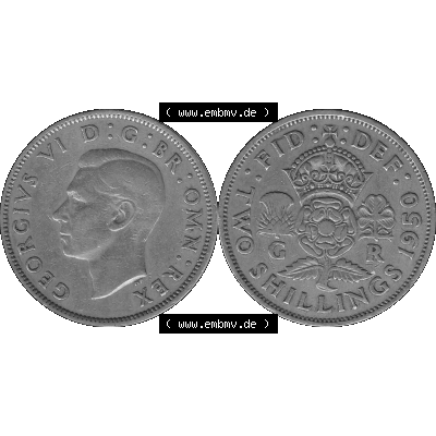 Alte Münze Großbritannien, Bild in s/w bzw. Graustufen PNG-Grafik, Umlaufmünze aus dem Zeitraum 1949-1951, 2 Schilling-Florin, Two Shillings, 1950-02,... Sammlung