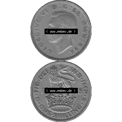 Alte Münze Großbritannien, Bild in s/w bzw. Graustufen PNG-Grafik 1947-1948, 1 One Schilling - One Shilling, 1948-08 Stehender gekrönter Löwe auf Krone... Sammlung