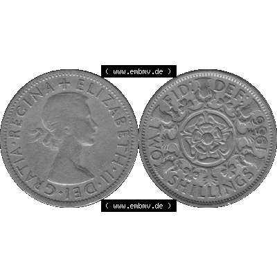 Alte Münze Großbritannien, Bild in s/w bzw. Graustufen PNG-Grafik, Umlaufmünze aus dem Zeitraum 1954-1970, 2 Schilling-Florin, Two Shillings, 1956-01... Sammlung