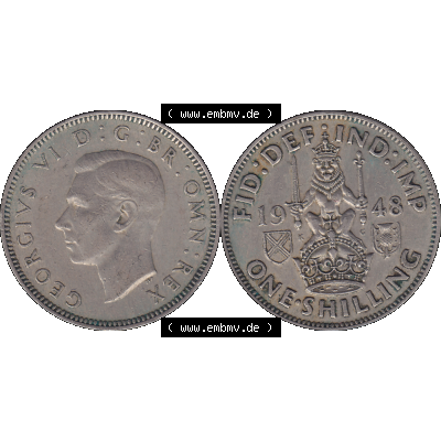 Alte Münze Großbritannien, Bild in Farbe bzw. Color PNG-Grafik 1947-1948, 1 One Schilling - One Shilling, 1948-03 Sitzender gekrönter Löwe auf Krone.... Sammlung