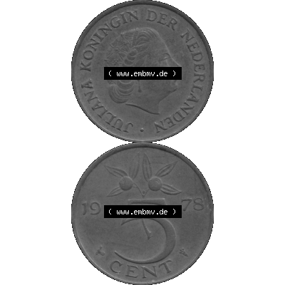 Alte Münze Niederlande in Grau 1950-1980, 5 Cent Königin Juliana 1978-01 Graustufen. Vorderseite und Rückseite vertikal auf einen digitalen in grau / Graustufen umgewandeltes... Sammlung